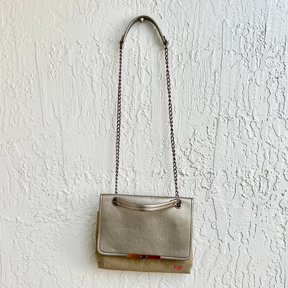 Adolfo Dominguez Chain Strap Women's Shoulder Flap Handbag Beige - Picture 3 of 16